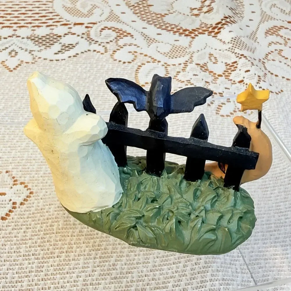 Halloween Ghost Bat & Crescent Moon Fence Scene Figurine